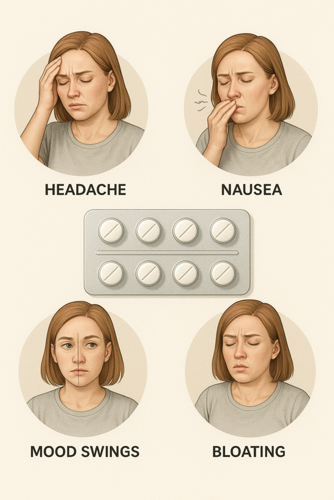 Icons showing symptoms like headache, nausea, and bloating around a strip of period delay medicine.