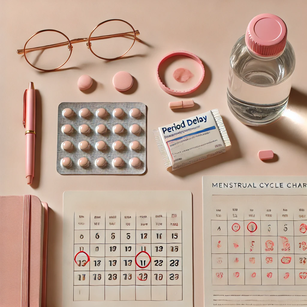 A medicine strip labeled “Norethisterone” placed beside a menstrual tracking chart on a light pink surface.

