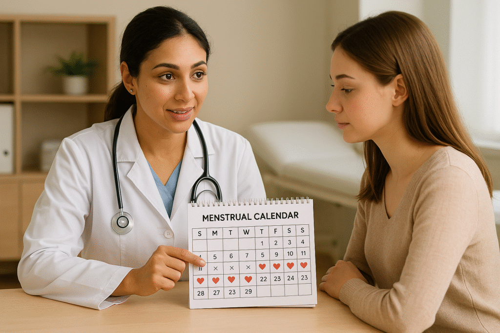A female doctor explaining period delay medication to a patient using a menstrual calendar in a clinic.