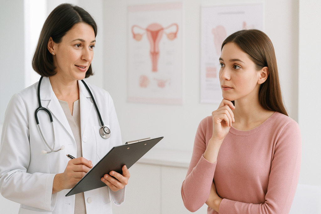 Gynecologist advising a young woman about period delay medicine in a clinic setting