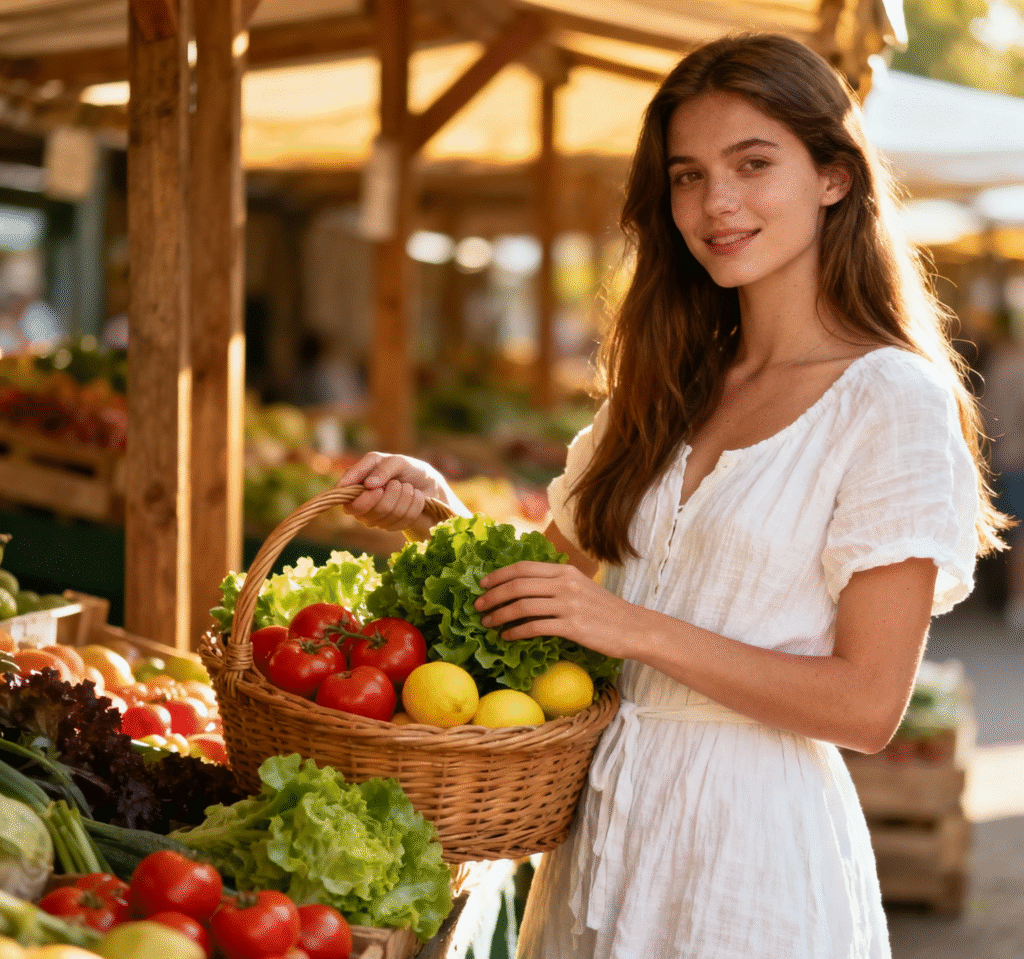 Diet for harmonal health in women: women purchasing fruits and vegetables 