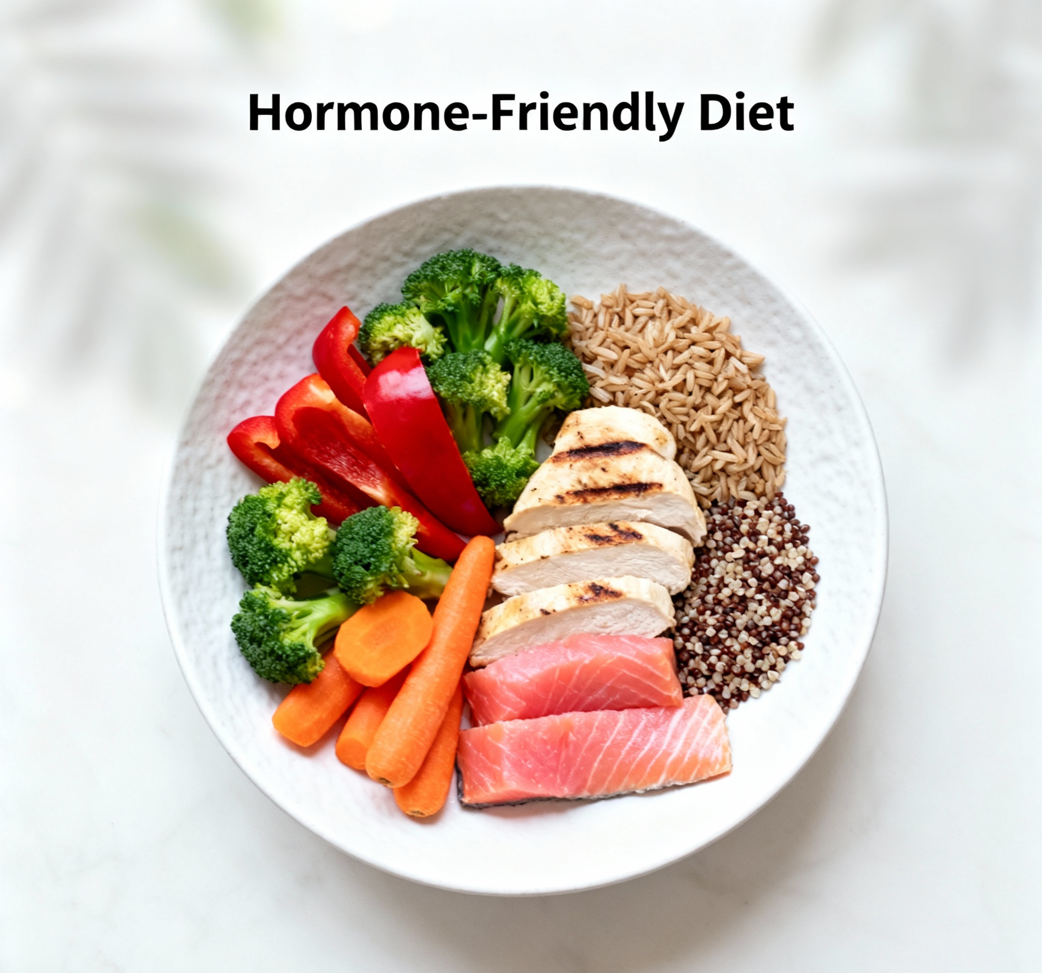 Balanced plate showing foods for diet for hormonal health in women — vegetables, grains and healthy fats